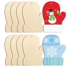 wooden cutouts with mittens, gloves and snowflakes on them for christmas