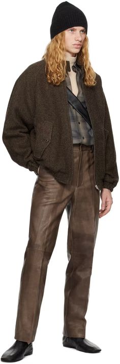 AURALEE: Brown Heavy Lamb Leather Pants | SSENSE Canada Brown Tweed, Shetland Wool, Jacket Buttons, Pants Straight, Zip Jacket, Tweed Jacket, Welt Pocket, Raglan Sleeve