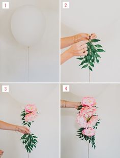 the instructions for how to make a floral balloon with fake flowers and greenery in it