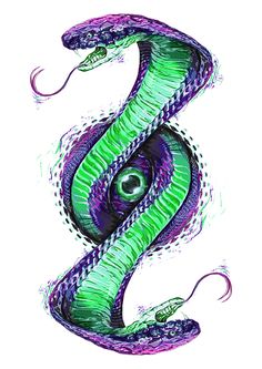 a drawing of a green and purple snake's tail with an eye in the center