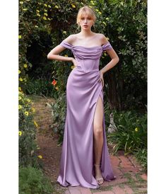 Retro & Vintage Lavender Black Satin Off the Shoulder Corset Bridesmaid Gown | Unique Vintage Lavender Evening Dress, Gown Ideas For Bridesmaid, Lavender A Line Dress, Purple Prom Dress Off The Shoulder, Lavender Satin Skirt, Lavender Wedding Dress Bridesmaid, Pastel Purple Dress Formal, Lavender Corset Dress, Pastel Lavender Bridesmaid Dresses