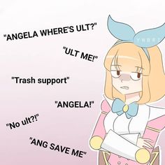 an anime character with long blonde hair and blue eyes holding a pink bag, which says'angella where's ut? '