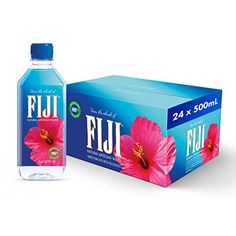 a bottle of fiji water next to a carton of fiu on a white background