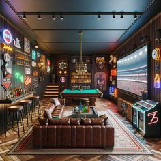 This luxurious man cave is a haven of relaxation and fun! It sports mahogany walls adorned with neon signs and sports memorabilia, an equipped mini-bar, a gaming corner, and a prime entertainment spot with a flat-screen TV and a plush brown leather couch. #ManCave #HomeDecor #PoolTable #BarCorner #ArcadeGames #HomeEntertainment Game Media Room Ideas, Rec Room Design Ideas, Small Basement Sports Bar Ideas, Arcade Man Cave, Pinball Game Room, Man Cave Movie Room, Basement Ideas Gaming, Gaming Room Man Cave