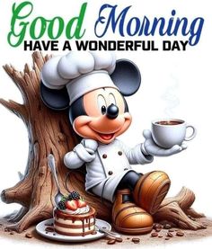 a cartoon mouse with a cup of coffee on top of a tree stump and the words good morning have a wonderful day