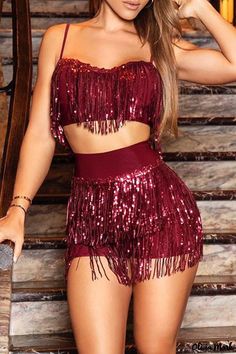 Olivia Mark - Elegant Wine Red Sequin Patchwork Tassel Two-Piece Suit - Fashionably Sexy, Solid & Sleeveless Surprise Dance Outfits, Two Piece Suits, Red Two Piece, Crop Top Skirt Set, Two Piece Short Set, Black Two Piece, Bright Fashion, Sequin Crop Top, Top Skirt Set