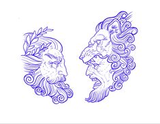 two lions with long hair and beards are depicted in blue ink on a white background