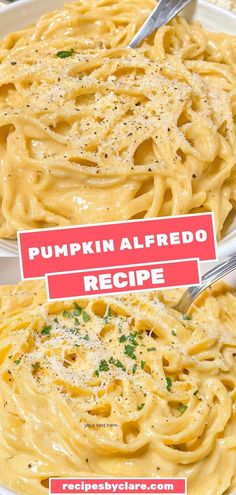 two white bowls filled with pumpkin alfredo and topped with parmesan cheese