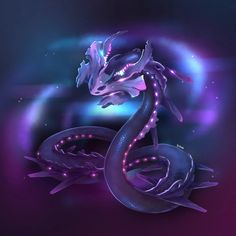 a purple and blue dragon with glowing lights on it's tail, in front of a dark background