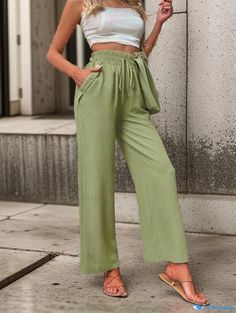 Orcajump - Relaxed-fit, High-waisted, Wide-legged Casual Pants Vacation Straight Leg Bottoms In Solid Color, Casual Green Wide Leg Pants For Spring, Green Pants With Pockets For Vacation, Non-stretch High Waist Green Pants, Casual High Waist Cargo Pants For Day Out, Green High Waist Non-stretch Pants, Vacation Harem Pants With Pockets, Green Casual High-waisted Pants, Straight Pants For Vacation In Solid Color