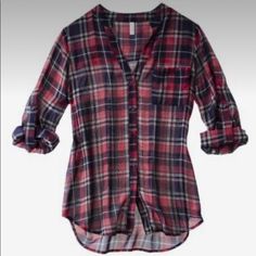 Sheer Button Down Top. Single Breast Pocket. Color: Multicolor/Red/White/Blue Red Trousers, Red Plaid Shirt, Trendy Blouses, Front Tie Shirt, Denim Button Down, Red Skirts, Long Sleeve Plaid, Shirts For Women, Clothes Collection