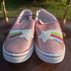 New Glitter Star And Rainbow Appliqu Pink Sneakers With Glitter Print For Spring, Trendy Pink Sneakers With Glitter Print, Casual Pink Sneakers With Glitter Accents, Casual Pink Glitter Sneakers, Girl Sneakers, Slipon Sneakers, Glitter Stars, Girls Sneakers, Slip On Sneakers