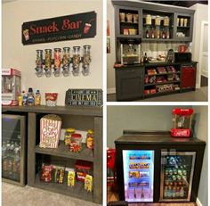 a series of photos showing the inside of a snack bar with snacks and drinks on display