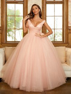 Ball Gown Tulle Ruffles V-neck Sleeveless Floor-Length Dresses V-neck Ruffled Gown For Prom, Fitted Bodice Tulle Gown With V-neck, V-neck Tulle Gown With Fitted Bodice, V-neck Gown With Fitted Bodice And Tulle Material, Fitted Bodice V-neck Dress For Debutante Ball, V-neck Dress For Debutante Ball With Fitted Bodice, V-neck Gown With Ruffles For Gala, Sleeveless Ball Gown For Debutante Ball, V-neck Gown With Ruffles For Evening