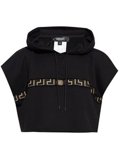 black cotton jersey texture classic hood signature Greca detailing short sleeves straight hem cropped Versace Hoodie, Oversized Sweater Outfit, Versace Shorts, Versace Sweatshirt, Donatella Versace, Short Sleeve Hoodie, Gianni Versace, Drawstring Hoodie, Cotton Hoodie