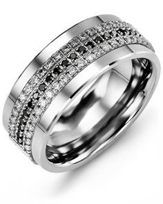 a wedding ring with black and white diamonds