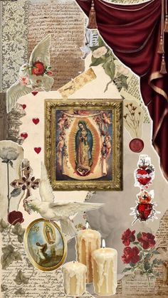 an image of the virgin mary surrounded by candles and other items in a collage