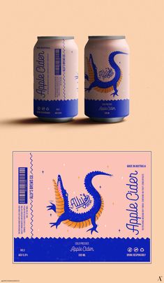 two cans of beer sitting next to each other on top of a pink and blue background