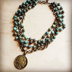 African Turquoise Collar-Length Necklace w/ Indian Coin at Bourbon Cowgirl Antique Gold Necklace, Boho Choker Necklace, Choker Necklace Online, Boho Choker, African Turquoise, Indian Head, Long Beaded Necklace, Coin Jewelry, Western Jewelry