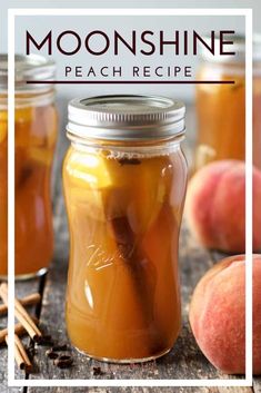 two mason jars filled with peaches and cinnamon on top of a wooden table next to apples