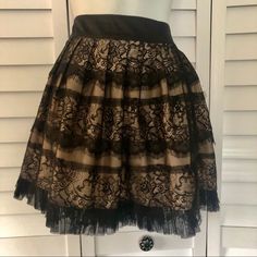 Adorable Flirty Skirt With Black Lace Over Tan Satin Lining. 2 Inch Satin Waistband Invisible Zipper In Back 18 Inches Long. Never Worn. A Perfect Holiday Skirt! Green Pleated Skirt, Holiday Skirt, Black Jean Skirt, Plaid Pleated Mini Skirt, Holiday Skirts, Yellow Denim, Eyelet Skirt, Gold Skirt, Red Mini Skirt