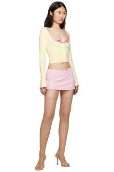 GUIZIO: Pink Micro Miniskirt | SSENSE Micro Miniskirt, Danielle Guizio, Jersey Skirt, Pale Yellow, Out Of Style, Jersey Shorts, Baby Pink, Rib Knit, Scoop Neck