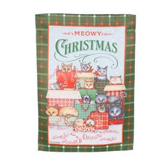 a christmas card with cats and presents on the front, surrounded by other cats in plaid fabric