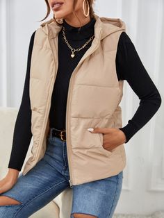 SHEIN Frenchy Zipper Up Slant Pocket Hooded Sleeveless Puffer CoatI discovered amazing products on SHEIN.com, come check them out! Cream Puff Vest Outfit, Beige Vest Outfit, Faux Leather Puffer Vest, Plus Size Winter Coats, Leather Puffer Vest, Ugg Fashion, Plain Vest, Leather Puffer