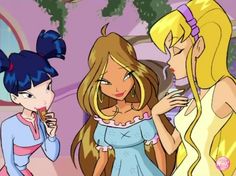 three cartoon girls are talking to each other in front of a pink wall and trees