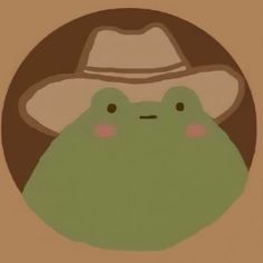 a green frog with a hat on it's head in front of a brown background