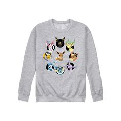 a sweatshirt with pokemon faces on it, all in different colors and sizes is shown