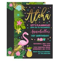 a tropical baby shower with flamingos, pineapples and palm leaves on it