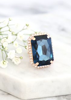 Blue Navy Statement Ring Cocktail Crystal Blue Ring | Etsy Blue Sapphire Ring For Party, Blue Open Crystal Ring For Promise, Blue Crystal Open Ring For Promise, Blue Open Crystal Ring, Navy Ring, Statement Gold Ring, Champagne Ring, Antique Cocktail Ring, Navy Rings