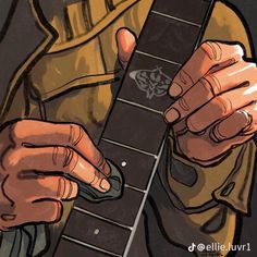 a drawing of a person playing an electric guitar with their fingers on the frets