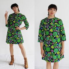 "There's green and then there's GREEN. This ultra-saturated flower power mini has a comfortable A line fit and lets that ultra-groovy pattern do all the talking. Pulls overhead.  St. Michael Mini Length. Cotton. Made in Britain.  Measures: Bust: 34\" Waist: 36\" Hips: 42\" Length: 34\" Sleeve: 18\" Condition: Excellent. FOLLOW US ON INSTAGRAM FOR DEALS AND SNEAK PEEKS! @Wildthingvintage instagram.com/wildthingvintage Twitter: @Wildthingpeck Message me any time for further details or questions. Please note there is a 10% restocking fee on orders cancelled prior to shipment. Returns are upon a case by case basis, and only if the item is not as described. Please note we do not accept returns based on fit as all measurements are provided. I will happily expedite or overnight shipping at cost u Green Retro Print Dress, Green Retro Dress With Retro Print, Green Mod Dress With Retro Print, Flower Power Dress, 1960s Hippie, Green Flowers, Dress Clothes For Women, Flower Power, Dress Outfits