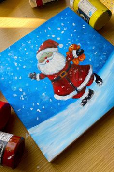 Santa Claus painting on canvas featuring a happy Santa holding a gift bag in the snow. Santa Claus Art, Easy Scenery Drawing, Santa Canvas, Santa Paintings, Christmas Decorations Apartment, Christmas Canvas Art, Acrylic Art Projects, Christmas Paintings On Canvas, Acrylic Painting Lessons