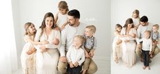 a family posing for a photo with their baby in front of the photographer's white wall