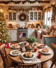 a table with plates and cups on it in the middle of a kitchen decorated for christmas