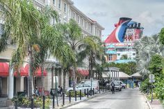 the street is lined with palm trees and parked cars on both sides of the road