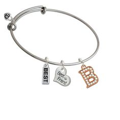 Rose Gold Tone Crystal Letter - B - Beaded Border Best Friend Heart Expandable Bangle Bracelet. Rose Gold Tone Charm. Charm size is approx. 0.72 x 0.46 x 0.11 inches (HxWxD) including loop. 1.7 mm Triple Plated Bangle Bracelet is approx. 2.5 inches in diameter and can open up to 3.25 inches. Small Family Heart is approximately 0.57 x 0.53 x 0.12 inches (HxWxD) not including loop. Word is antiqued on the front and also has a clear crystal. Back has an antiqued flower. Family heart is available as Best Friend Heart, Friend Heart, Bracelet Rose Gold, Buy Crystals, Crystal Rose, Best Mother, Letter B, Small Family, Clear Crystal