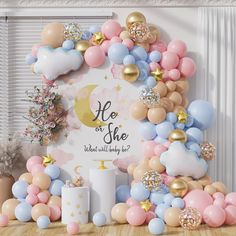 a birthday backdrop with balloons and confetti in pastel blue, pink, gold and white colors