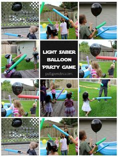 a collage of photos showing children playing with balloons