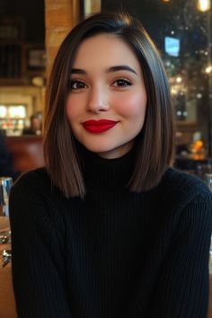 Woman with a bob haircut and bright red lipstick smiling while seated in a cozy restaurant. Haïr Cut Short Hair, Shoulder Length Hair Brunette, Short Haircut Straight Hair, Corte Bob Corto Cara Redonda, Short Bob Hair Color, Haircut Styles For Short Hair, Style Bob Haircut, Bob Hairstyles Women, Medium Bob Hair