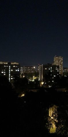 the city is lit up at night with buildings in the foreground and trees on the other side