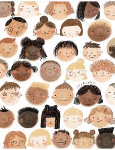 an illustrated drawing of many different people's faces, all with different hair styles