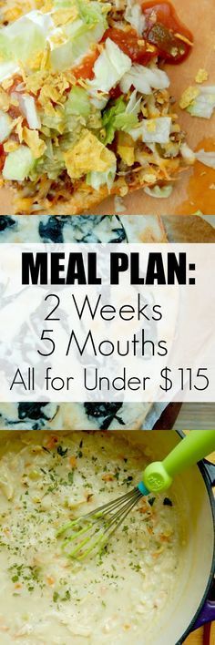 the meal is prepared and ready to be eaten with text overlay that reads meal plan 2 weeks 5 months all for under $ 15