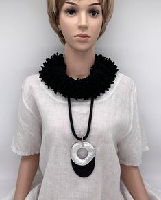 Black and silver statement necklace, bold necklace, lightweight necklace  This bold but super light necklace adds punch and confidence to dressy outfits and casual outfits Necklace: 31" long or 79 cm Plus an extender chain Pendant height: 4 3/4" or 120 mm Pendant width: 2 3/4" or 70 mm Weight: 2.4oz , or 68g Different chain length available upon request. Please add to notes on purchase  Please note that all measurements are approximate and colours may vary due to lighting.   Please check dimensi Chic Silver Long Necklace, Modern Black Necklace With Large Pendant, Black Metal Long Necklace For Party, Modern Black Chain Necklace For Party, Black Metal Chain Necklace For Fashion, Chic Silver Metal Long Necklace, Chic Silver Long Metal Necklace, Light Necklace, Silver Statement Necklace