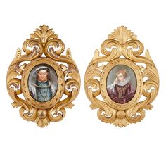 an ornately decorated gold frame with two portraits