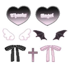 cross stitch hearts and bats with the word happy halloween written in white on them, as well as an image of a bat