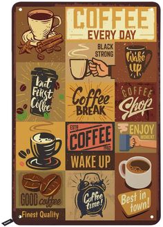 a coffee sign with different types of coffees and drinks on it's side